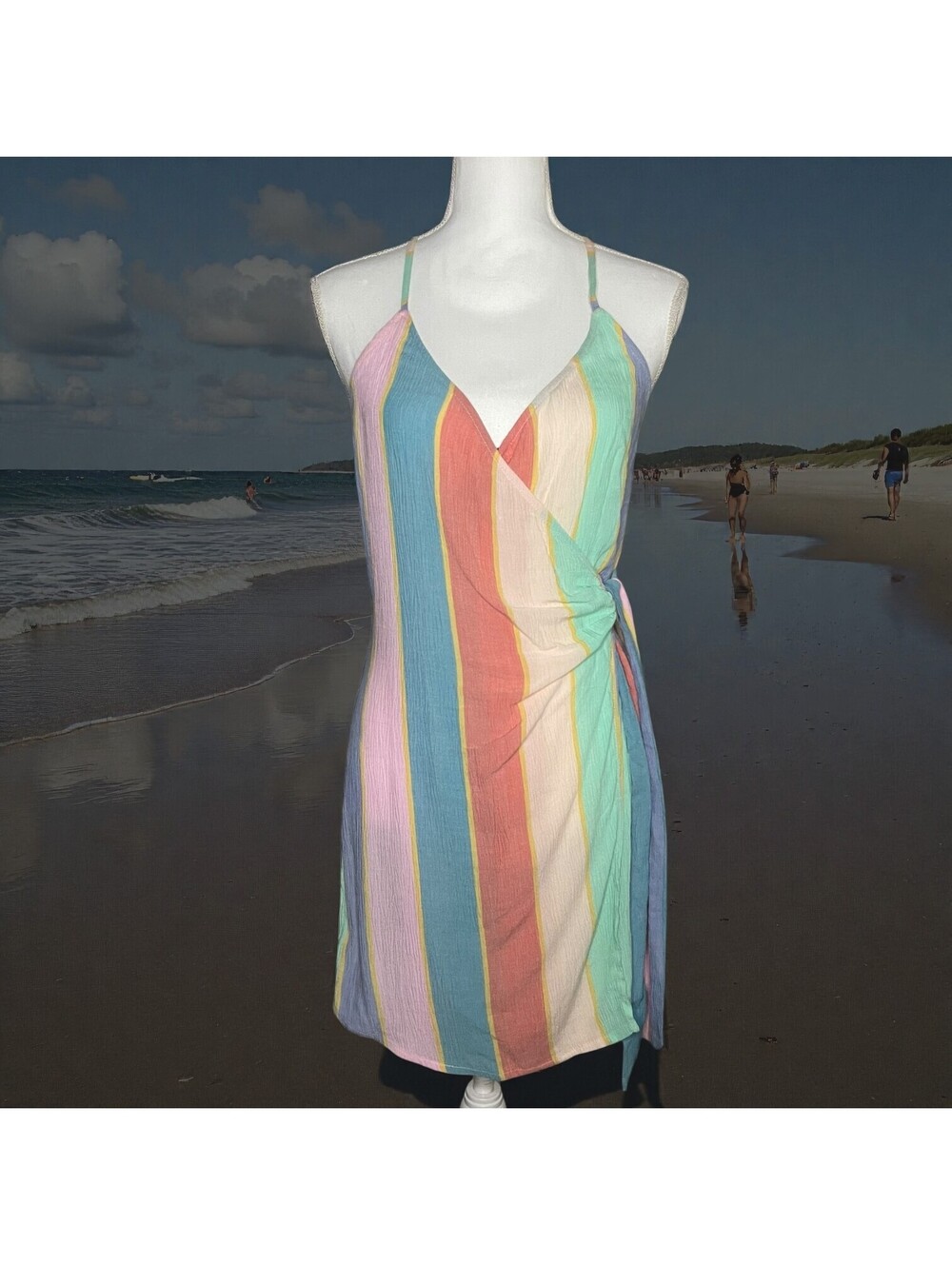 O'Neill Small Wrap Dress Racerback Pastel Stripe Beach Resort Breathable Cover